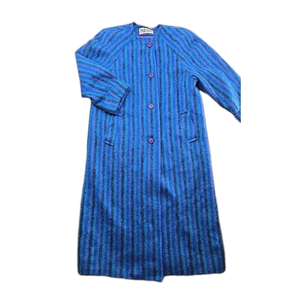 Vintage 80s Paul Levy Blue Striped Mohair Trench Coat Long Soft Workers Union